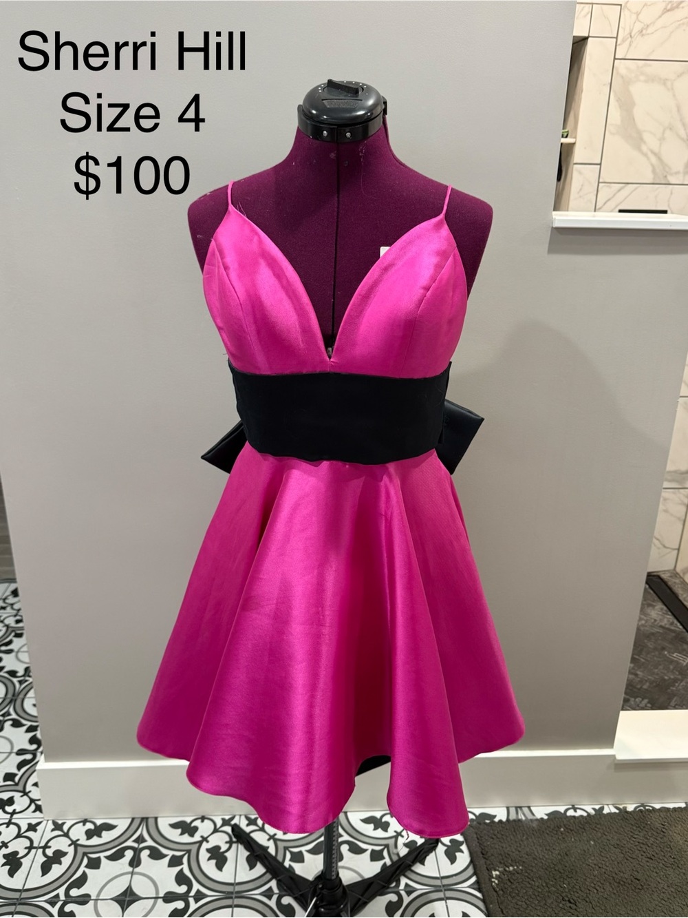 Sherri Hill Hot Pink A-Line Dress with Black Waistband